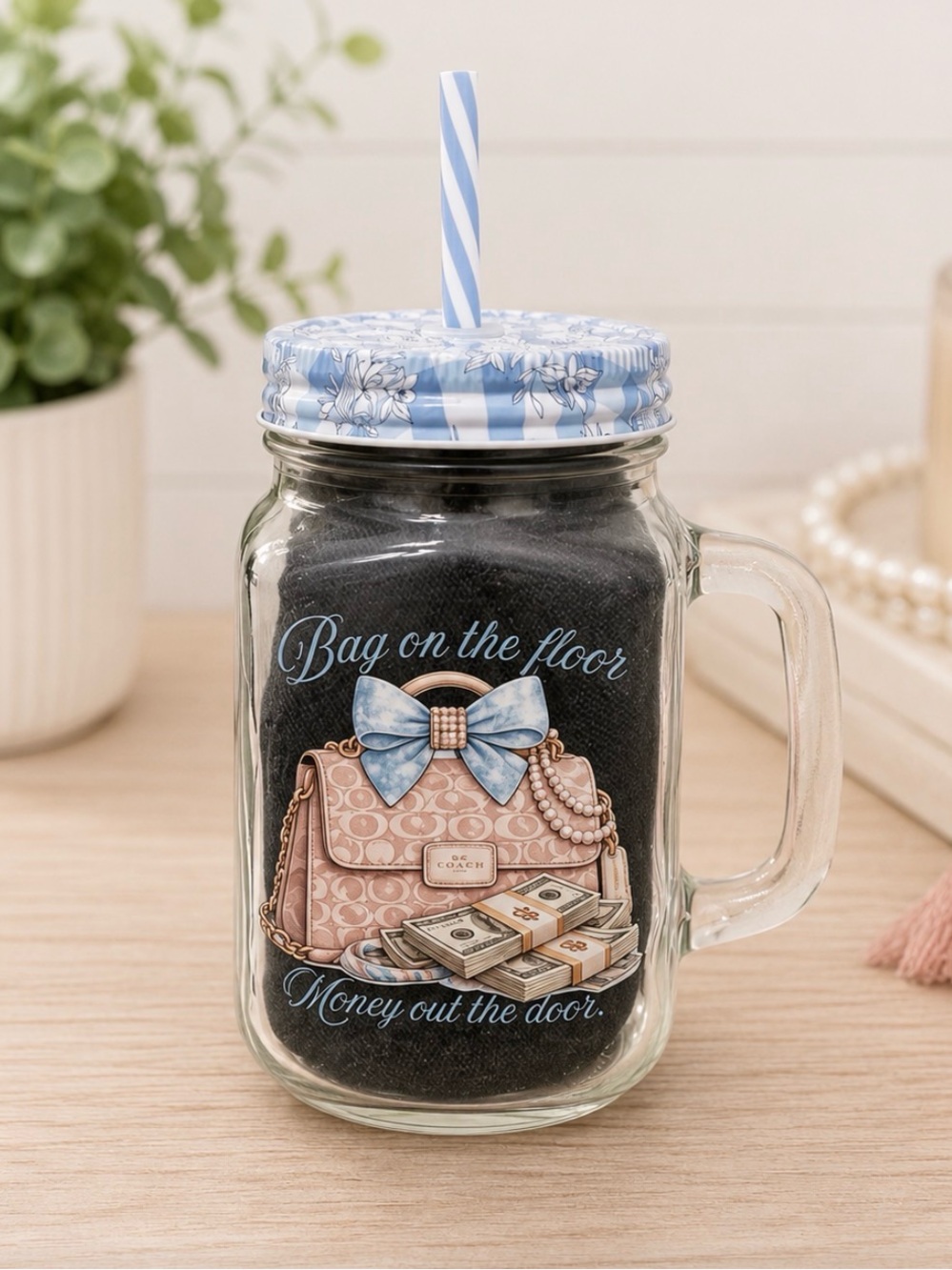 Pink Handbag Mason Jar Tumbler with Blue Bow